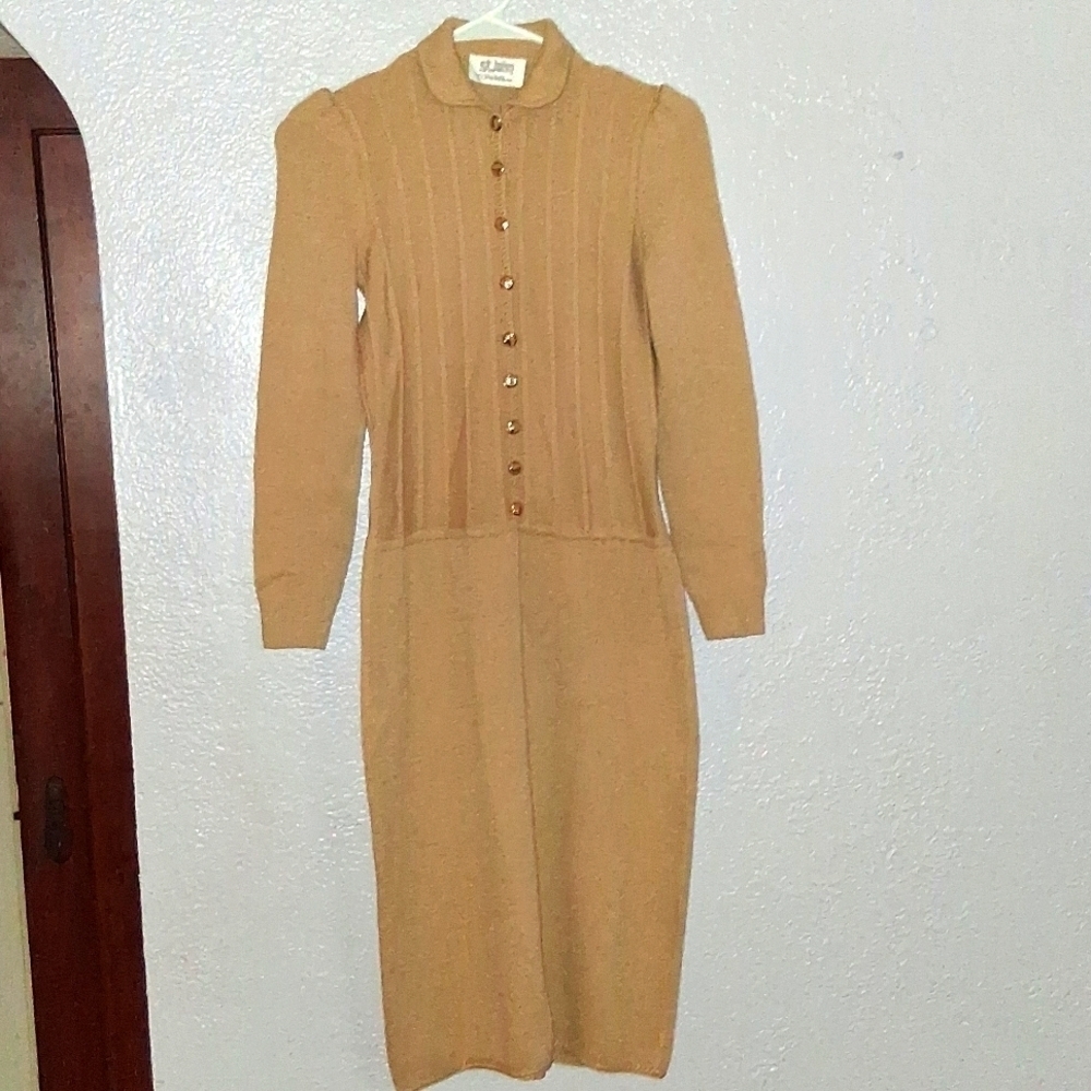 ST JOHN Santana KNITS 1970's Saks Fifth Avenue Sweater Dress Tan S